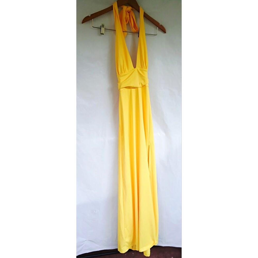 EKALIY Women’s Halter Neck Solid Yellow Maxi Dress, Knit Stretch XS Tie *Damaged